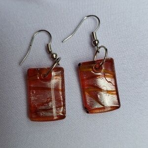 Dangle Glass Earrings Orange, Yellow, Silver EUC
